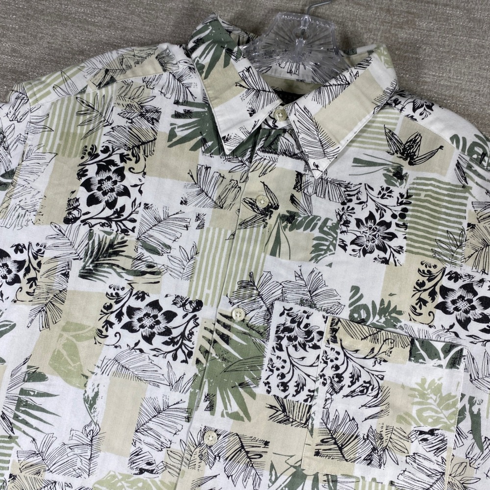 Crazy Horse Floral Patchwork Button Down Shirt Mens XL Green Tropical Casual